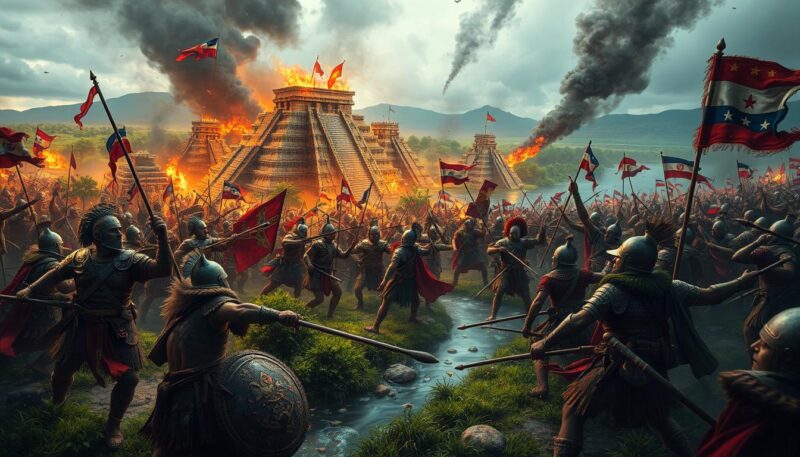 Spanish vs Aztecs military conflict during the siege of Tenochtitlán