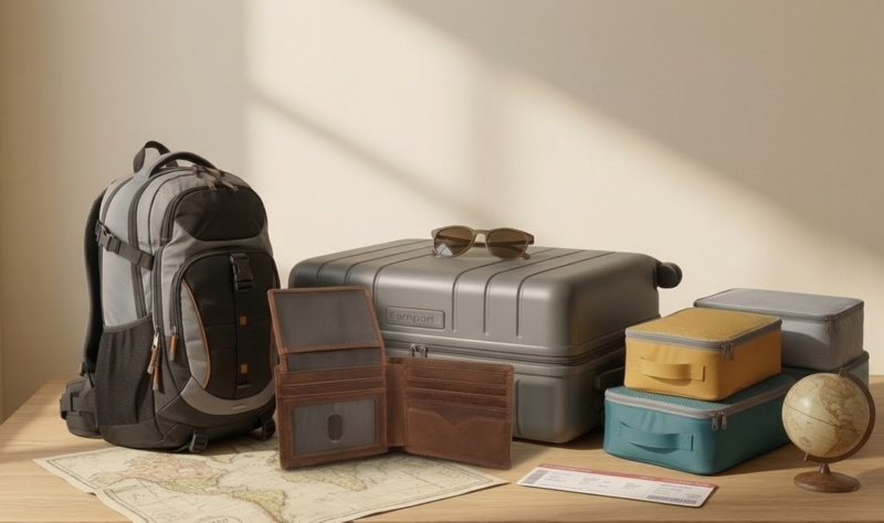 backpack, suitcase, packing cubes, leather passport organizer, map, globe and boarding pass