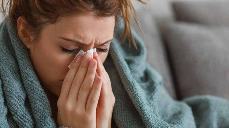 Woman wrapped in a blanket using a tissue while feeling unwell, representing illness and healthcare affordability concerns