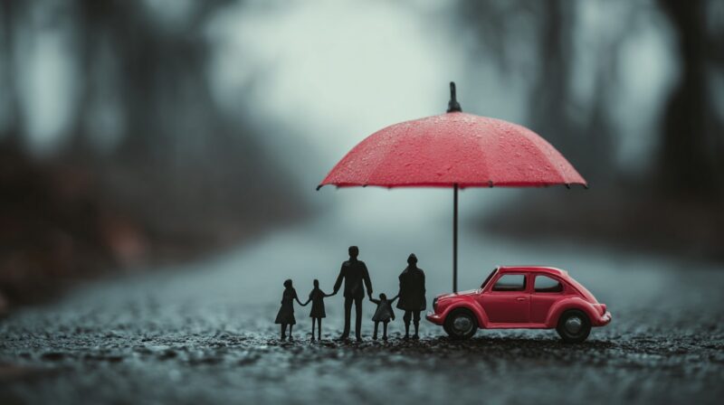Illustration of a family and car sheltered under a red umbrella, symbolizing insurance coverage and financial protection