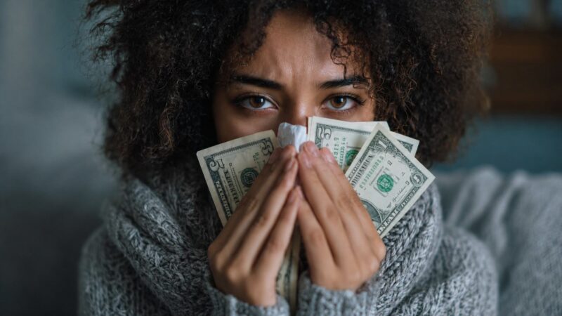 Person holding cash and a tissue, illustrating the financial impact of healthcare expenses during sickness