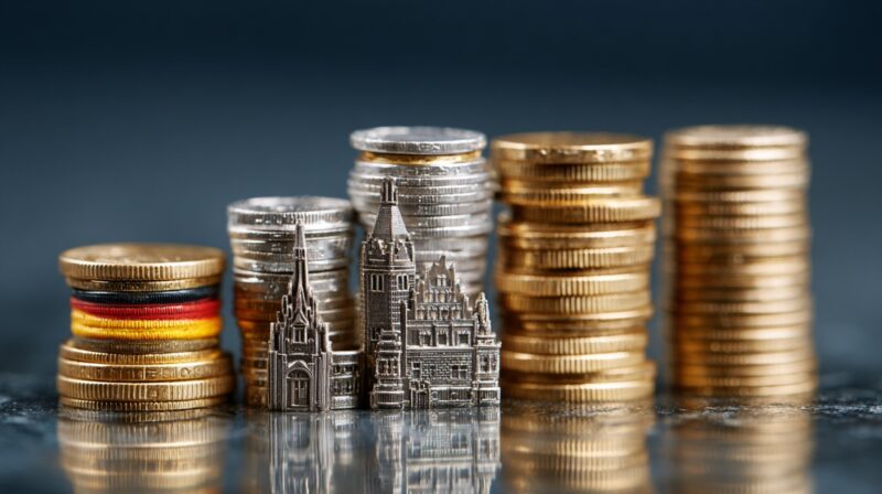 Stacks of coins beside miniature German landmarks, symbolizing the funding and development of Germany’s healthcare system
