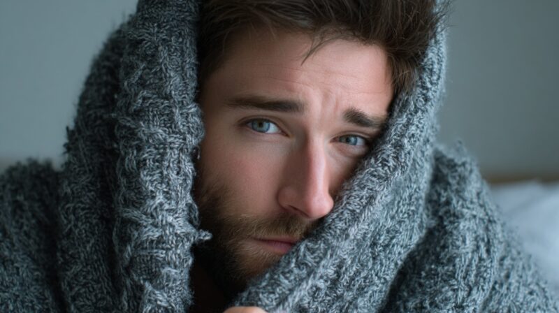 Close-up of a sick man wrapped in a gray blanket, highlighting the challenges of illness and healthcare costs